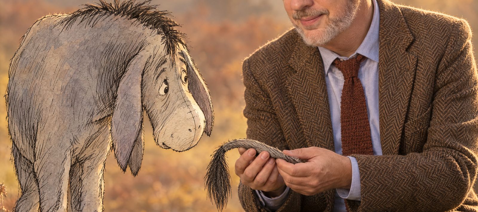 Richard Young outdoors, helping Eeyore reattach his tail