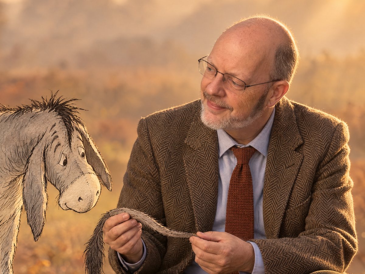 Richard J. Young, Ph.D., seated outdoors in a tweed jacket, helping Eeyore reattach his tail
